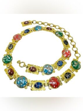 Vintage Ornate Etruscan Gold-Tone and Multicolor Cabochon Link Belt